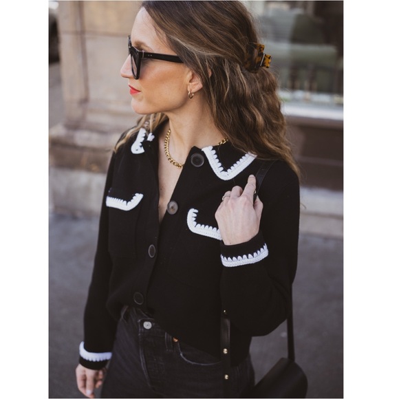 SEZANE Black Merino Wool Knit Collared Betty Cardigan w/ White Crochet Details - Picture 7 of 17